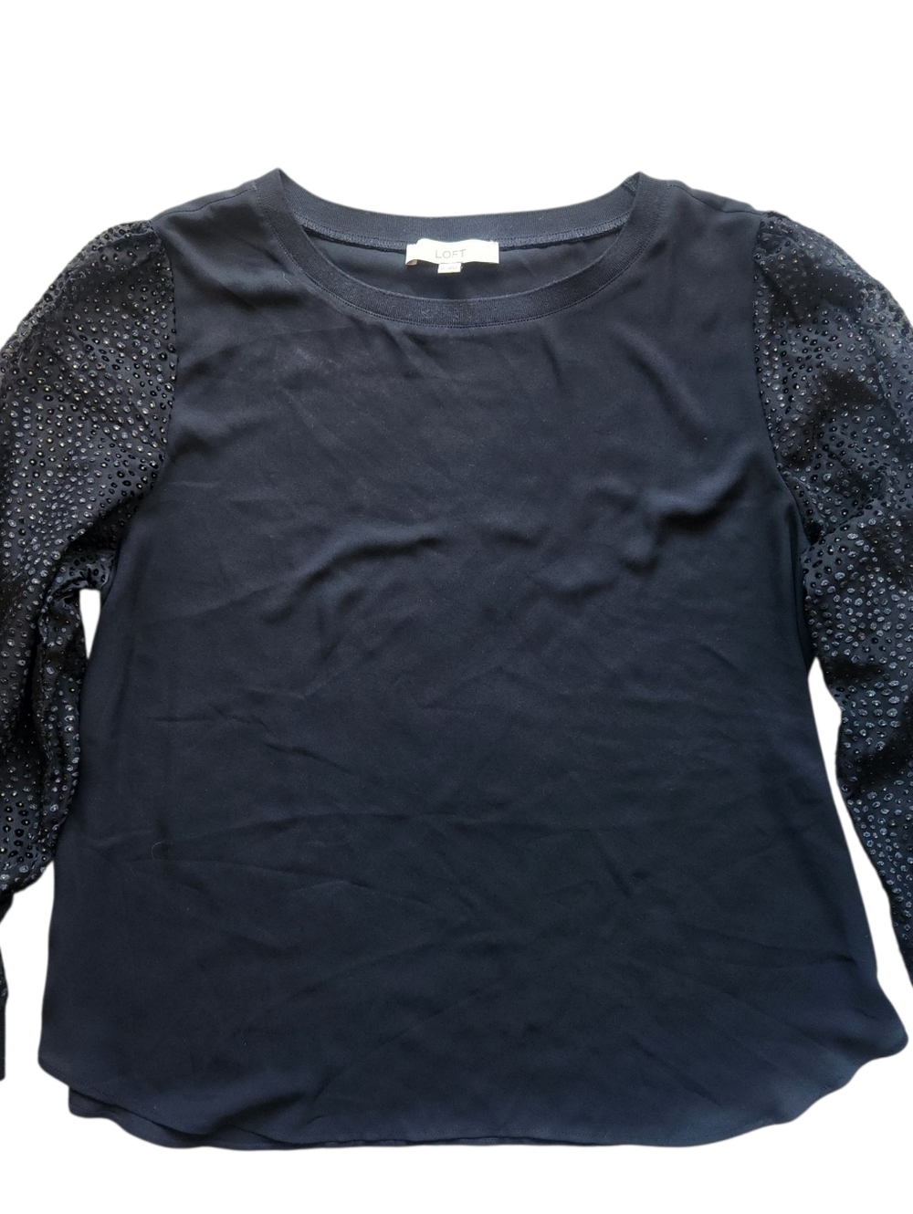 LOFT Black Blouse with Embellished Sheer Sleeves